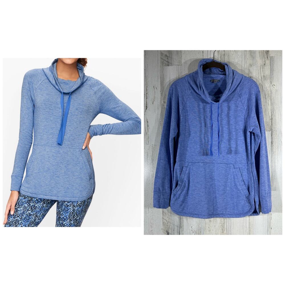 T By Talbots Pullover Fleece Shirt Small Petite Funnel Neck Heathered Blue READ